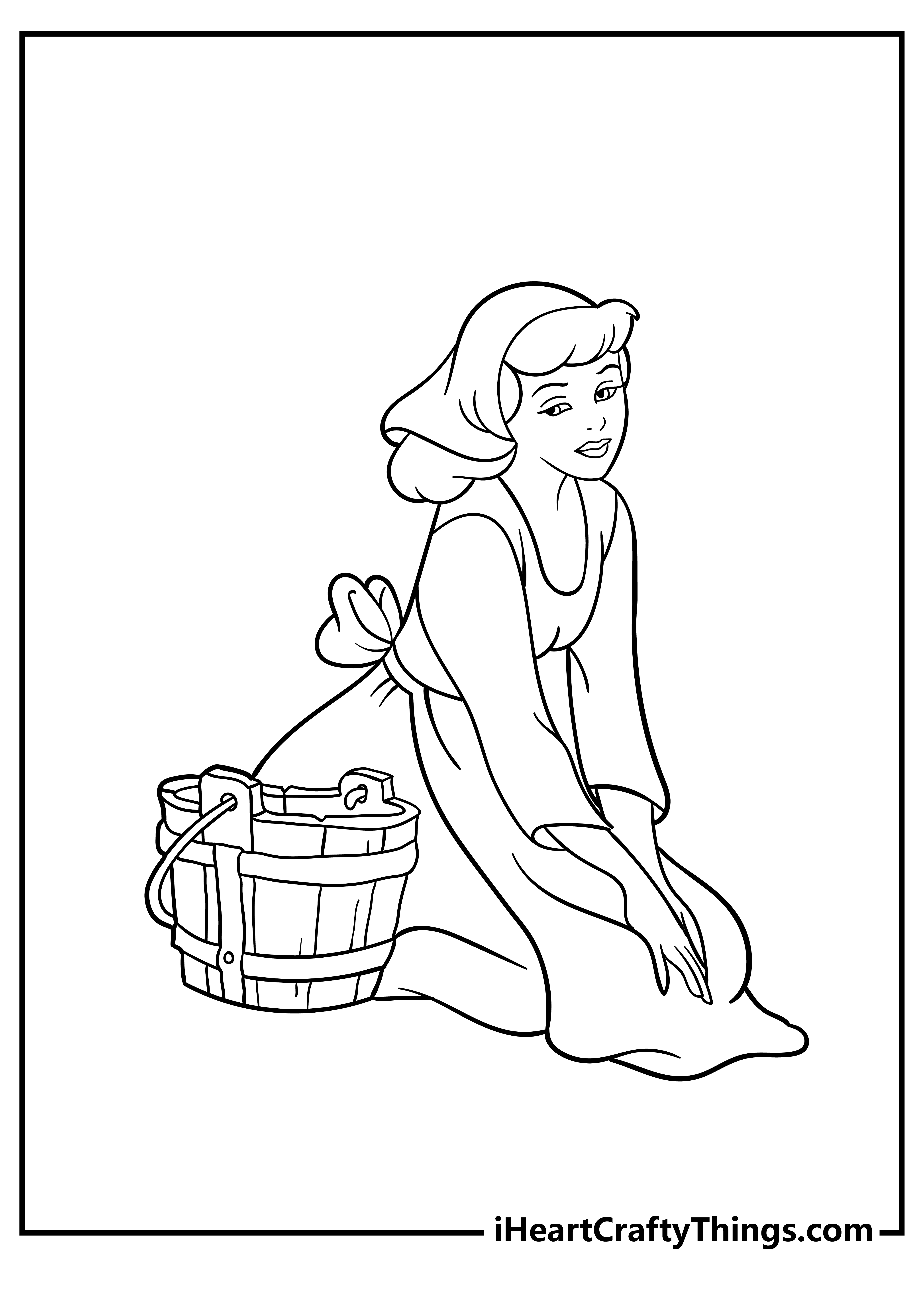 Printable page depicting Cinderella sitting on the knees in her casual clothing with a bucket on the side