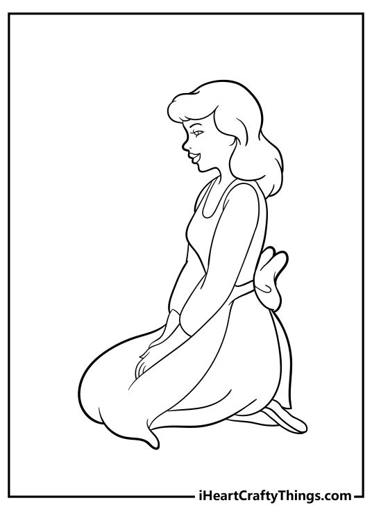 Coloring page of a Cinderella sitting on the knees in her casual clothes with a dreamy facial expression