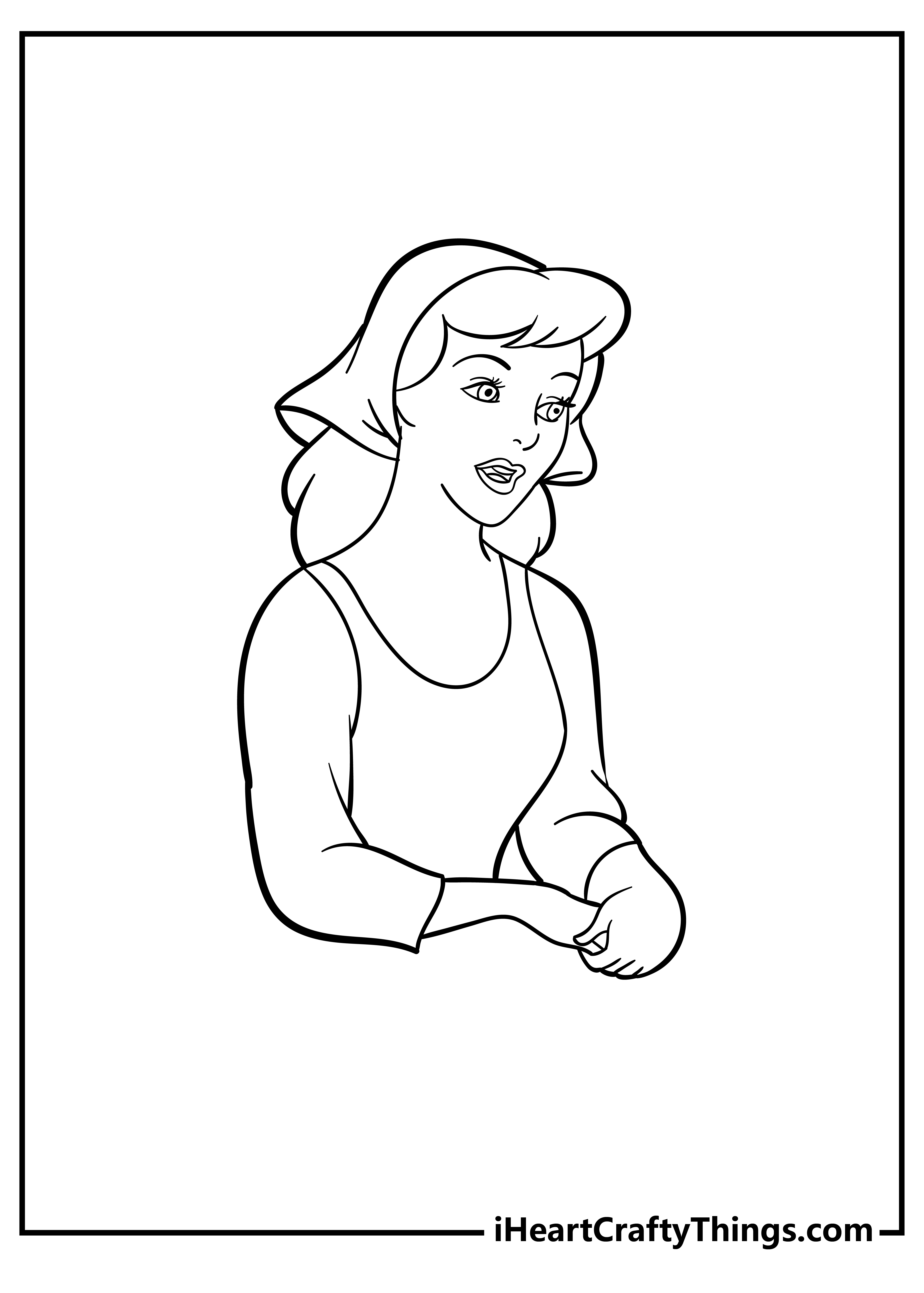 Coloring page presenting portrait of Cinderella wearing casual outfit and a scarf over the head