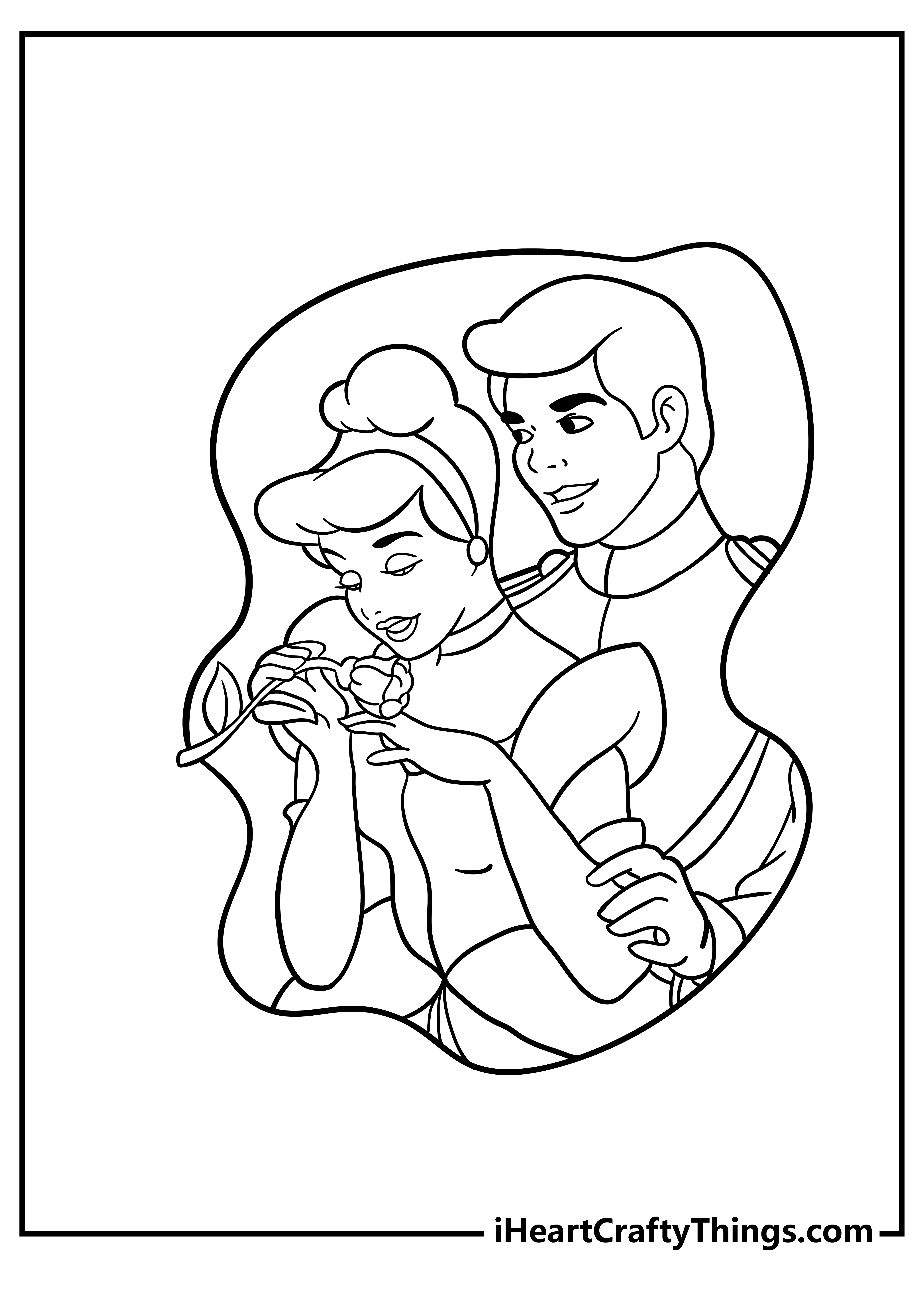 Free printable coloring sheet featuring Cinderella holding a rose and the prince standing behind her