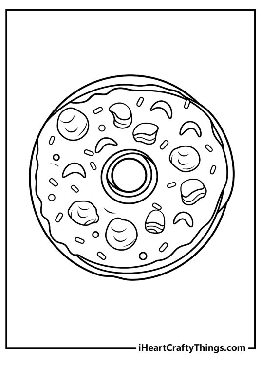 Free black-and-white printable drawing presenting a glazed choco-sprinkled donut