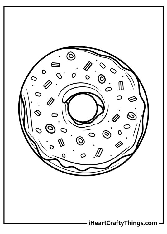 Coloring page featuring a round donut with a center hole decorated with sprinkles in assorted shapes