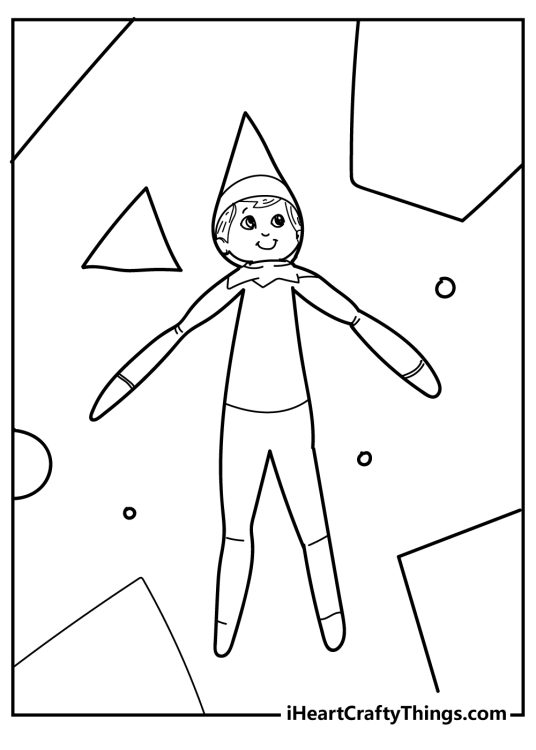 Elf on the Shelf coloring picture featuring elf floating in the air surrounded by various shapes