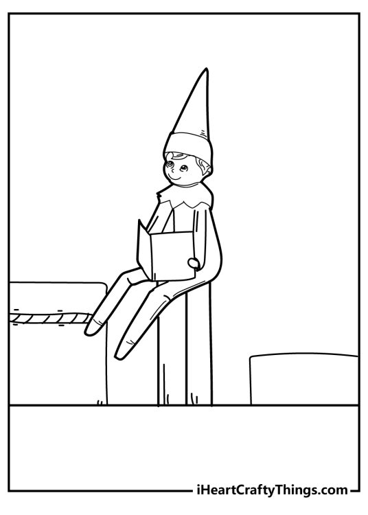 Elf on the Shelf-themed picture to color featuring cute sitting elf enjoying reading a book
