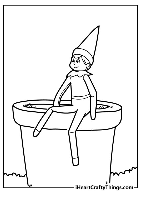 Elf on the Shelf printable page featuring elf perched on a big flowerpot in the yard
