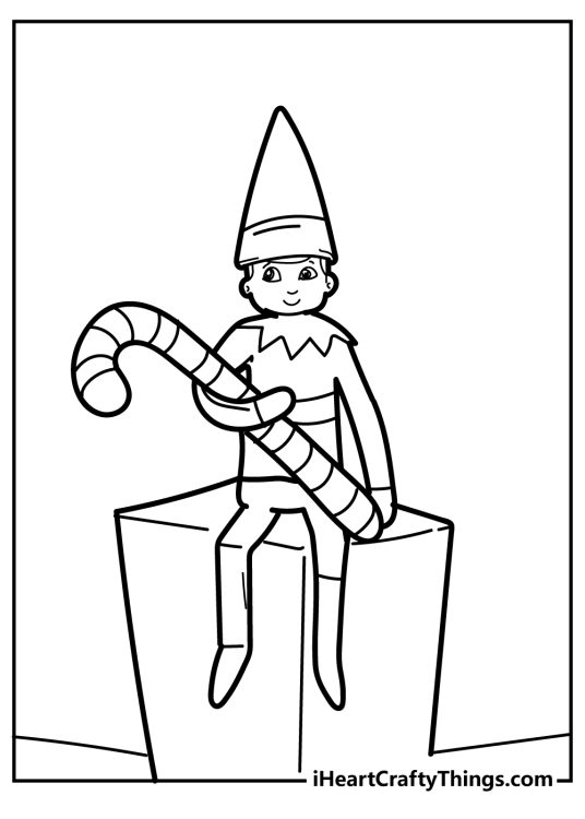 Elf on the Shelf coloring printable presenting elf sitting on a block and holding candy cane