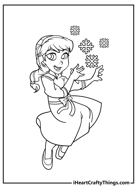 Cartoon coloring sheet featuring little Anna with bended knees playing with snowflakes