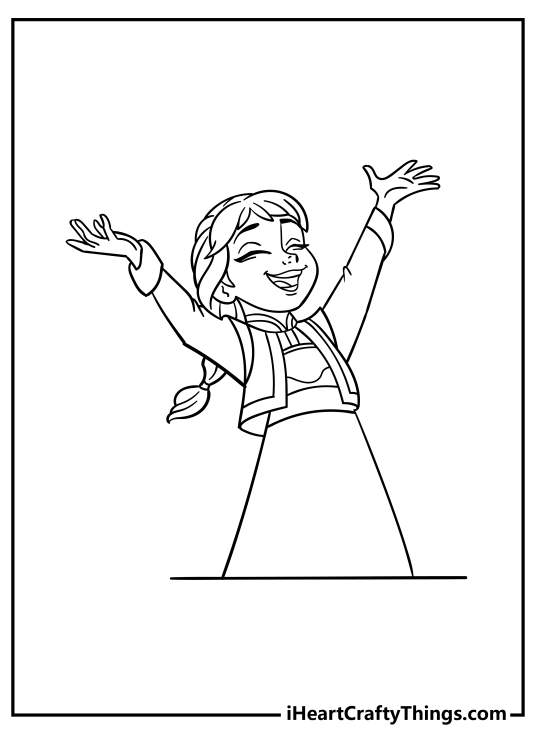 Free Frozen-themed printable for kids feauturing little singing princess Anna with hands up