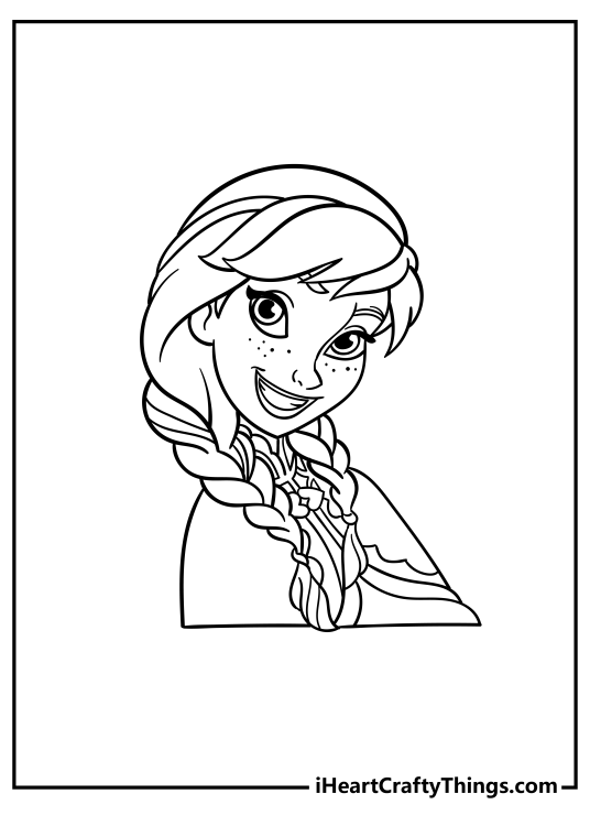 Detailed portrait of smiling freckled Frozen princess Anna to print