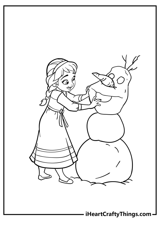 Free coloring sheet to print of a young princess Elsa building a snowman
