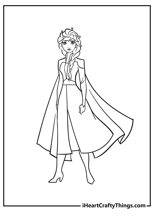 Full height portrait of Elsa with hair styled in a braid over her shoulder to print
