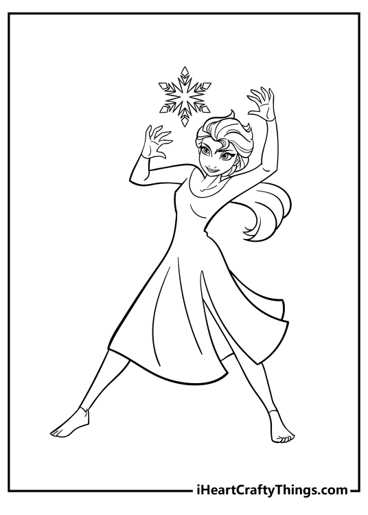Frozen princess Elsa performing magic with snowflake coloring page for children