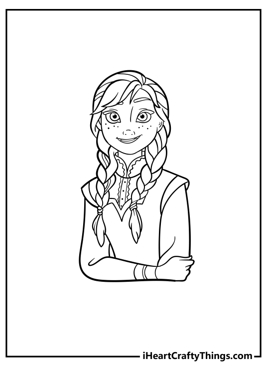 Free printable portrait of young Anna with freckles and two braids hairstyle