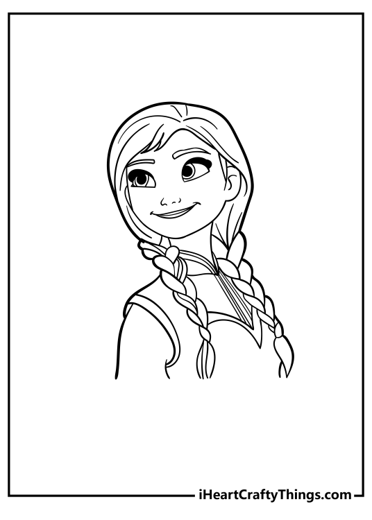 Printable pdf portrait of smiling Anna with two braids looking up to the left