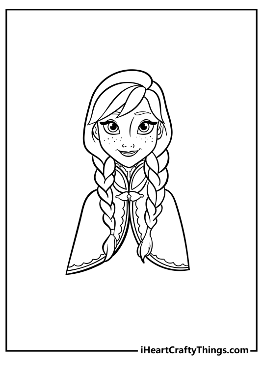 Frozen-themed coloring page featuring young freckled Anna