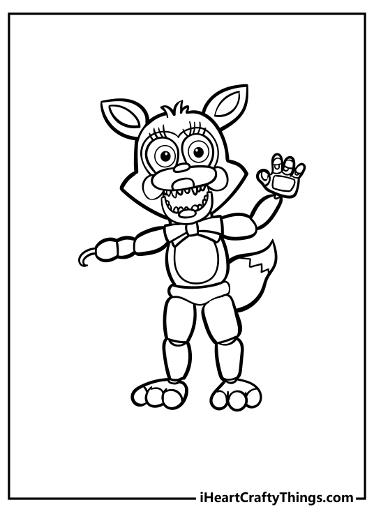Five Nights At Freddy’s coloring drawing featuring creepy Foxy giving a friendly wave