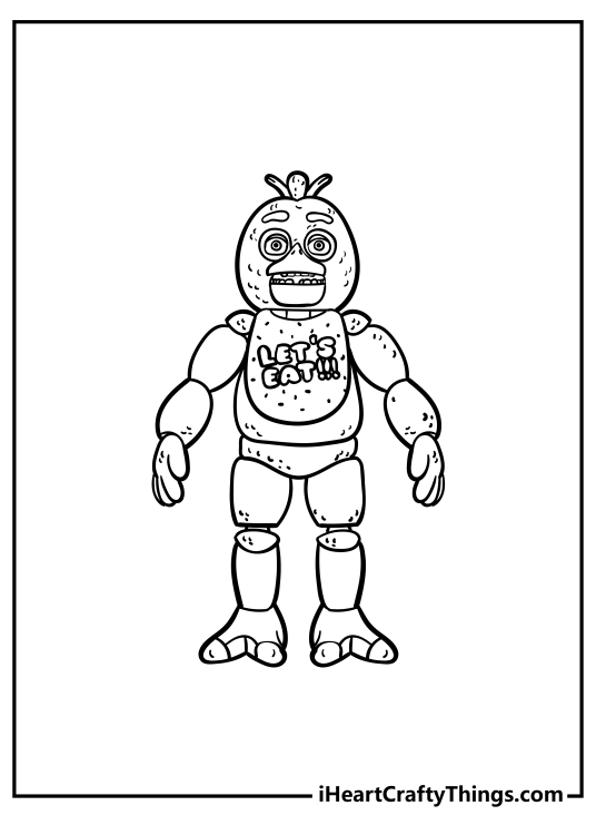 Printable coloring sheet presenting nightmarish chicken Chica from Five Nights At Freddy’s