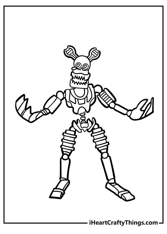 Five Nights At Freddy’s-themed printable page presenting one of robotic villains in a beat-up state