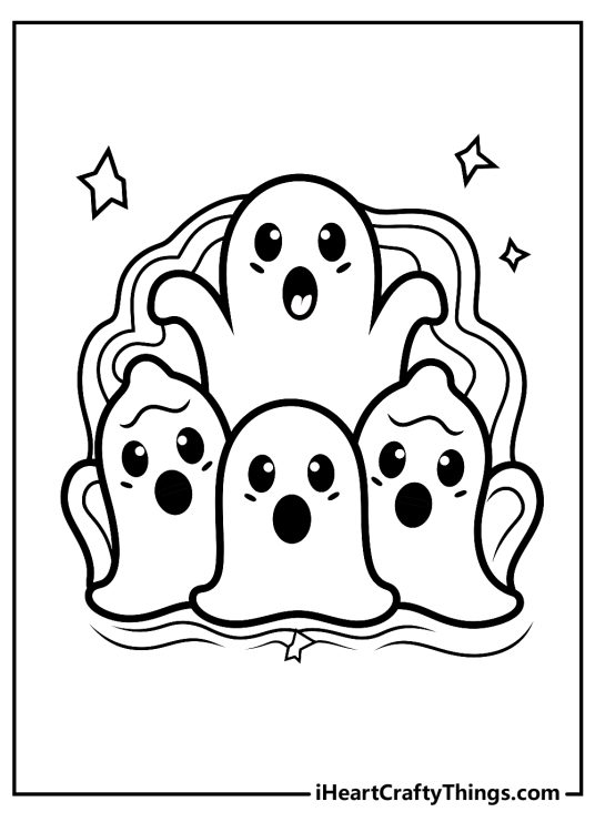 Printable coloring image featuring big ghost with three baby ghosts trying to look scary