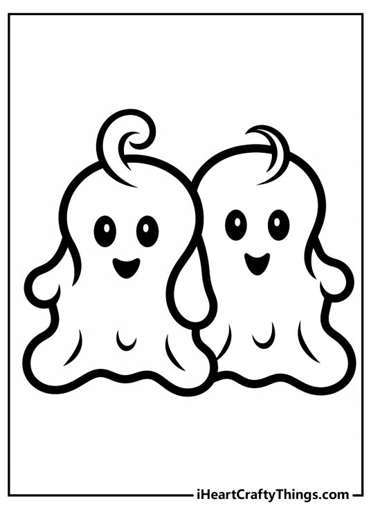 Printable drawing for kids featuring two baby ghosts holding hands as they float along together