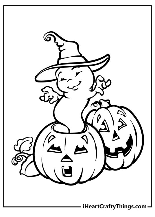 Halloween coloring pages with a cute ghost rising out of a jack-o