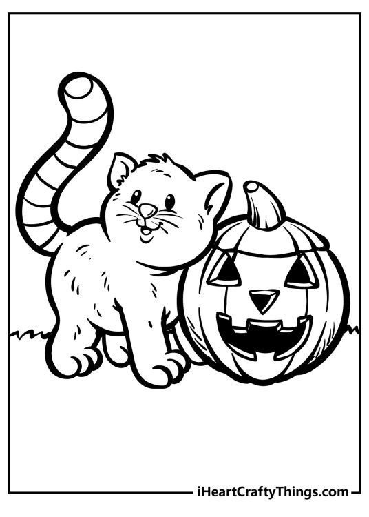 Halloween coloring pages of a black cat standing next to a carved pumpkin
