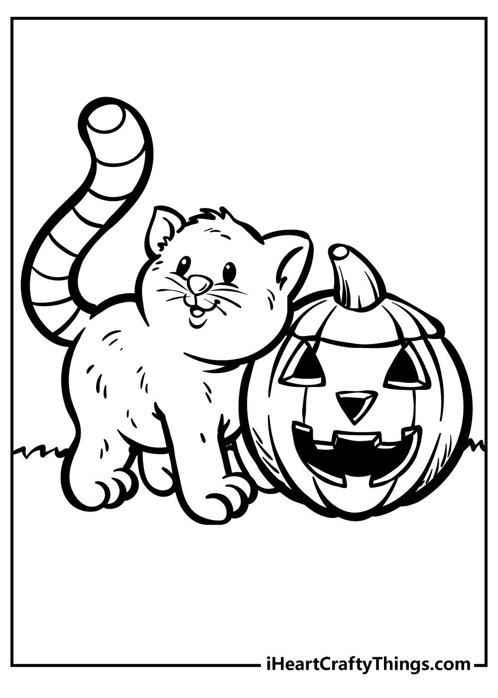 Halloween coloring pages of a black cat standing next to a carved pumpkin