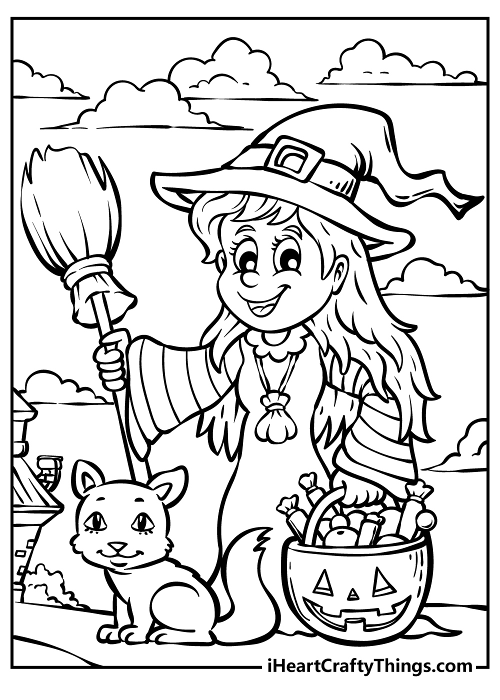 Free Halloween coloring pages with witch holding a broom and a pumpkin basket