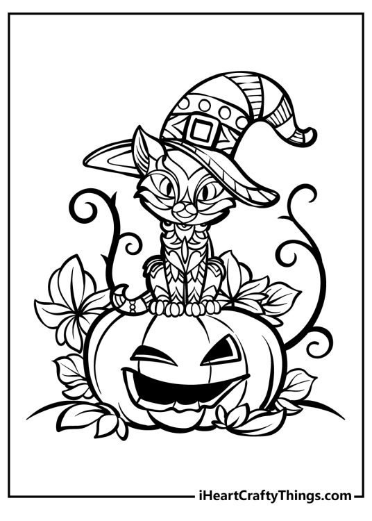Halloween coloring pages with a cat in witch hat sitting on a jack-o