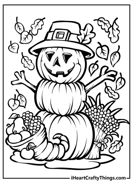 Scarecrow made of pumpkins with cornucopia free pdf Halloween coloring page for adults
