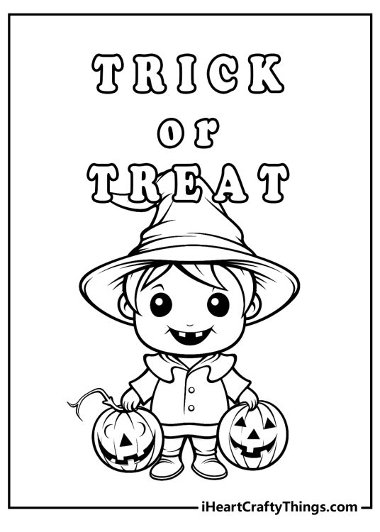 Halloween coloring page with a child in wizard costume with Trick or Treat text printable pdf