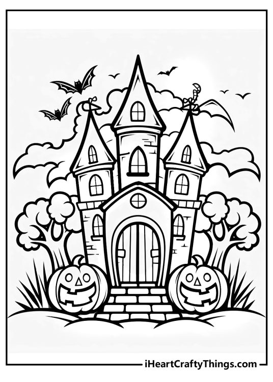 Halloween haunted house with bats and pumpkins