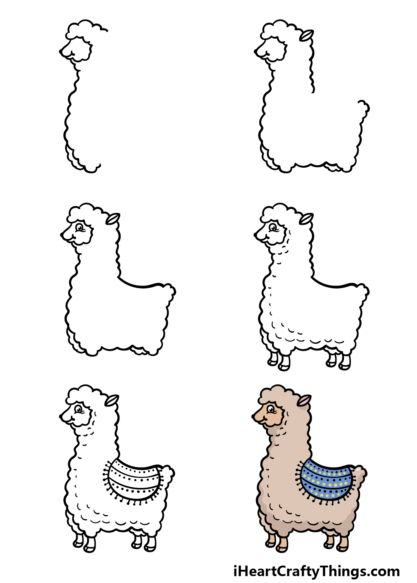 how to draw cartoon llama in 6 steps