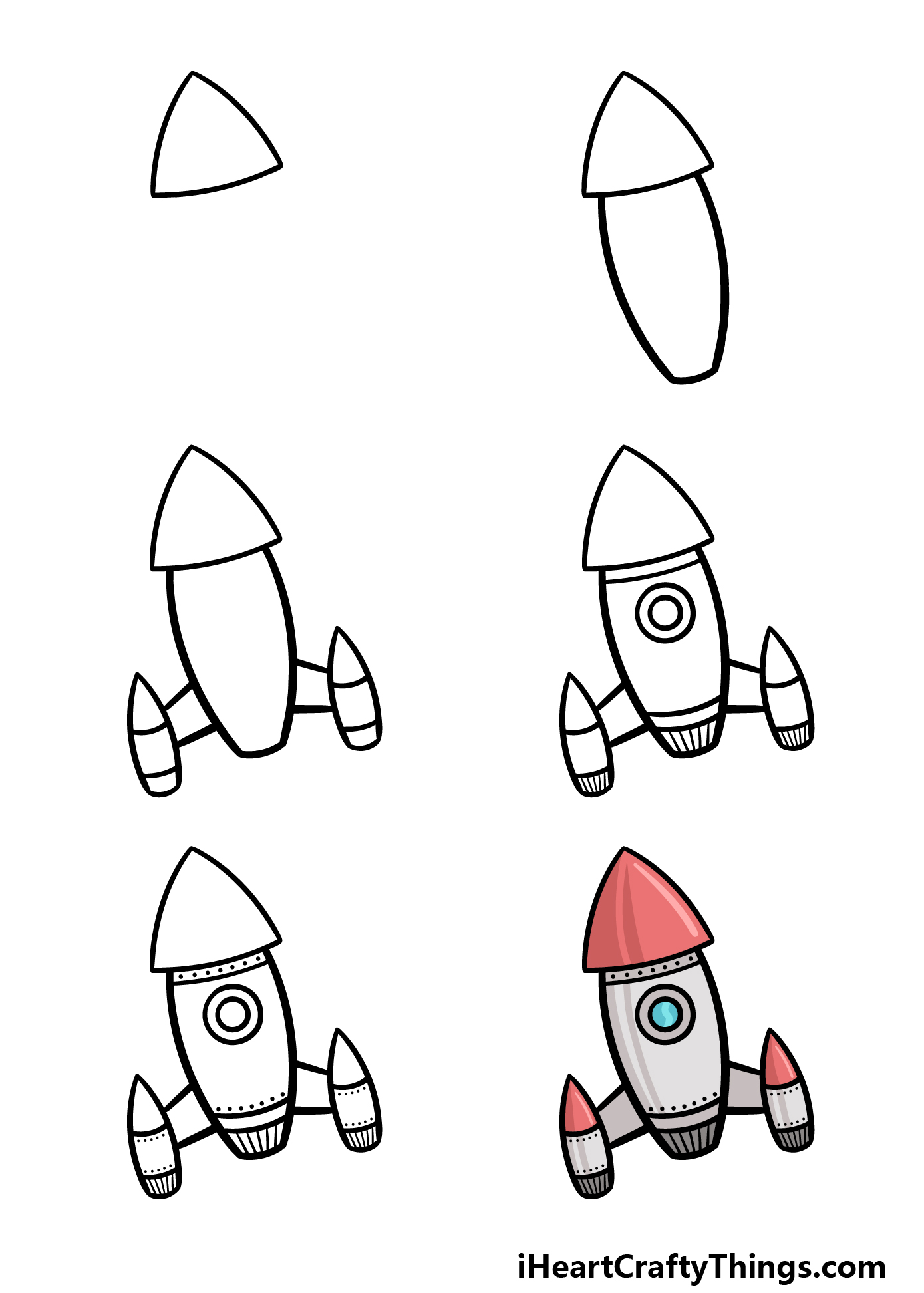how to draw a cartoon rocket in 6 steps