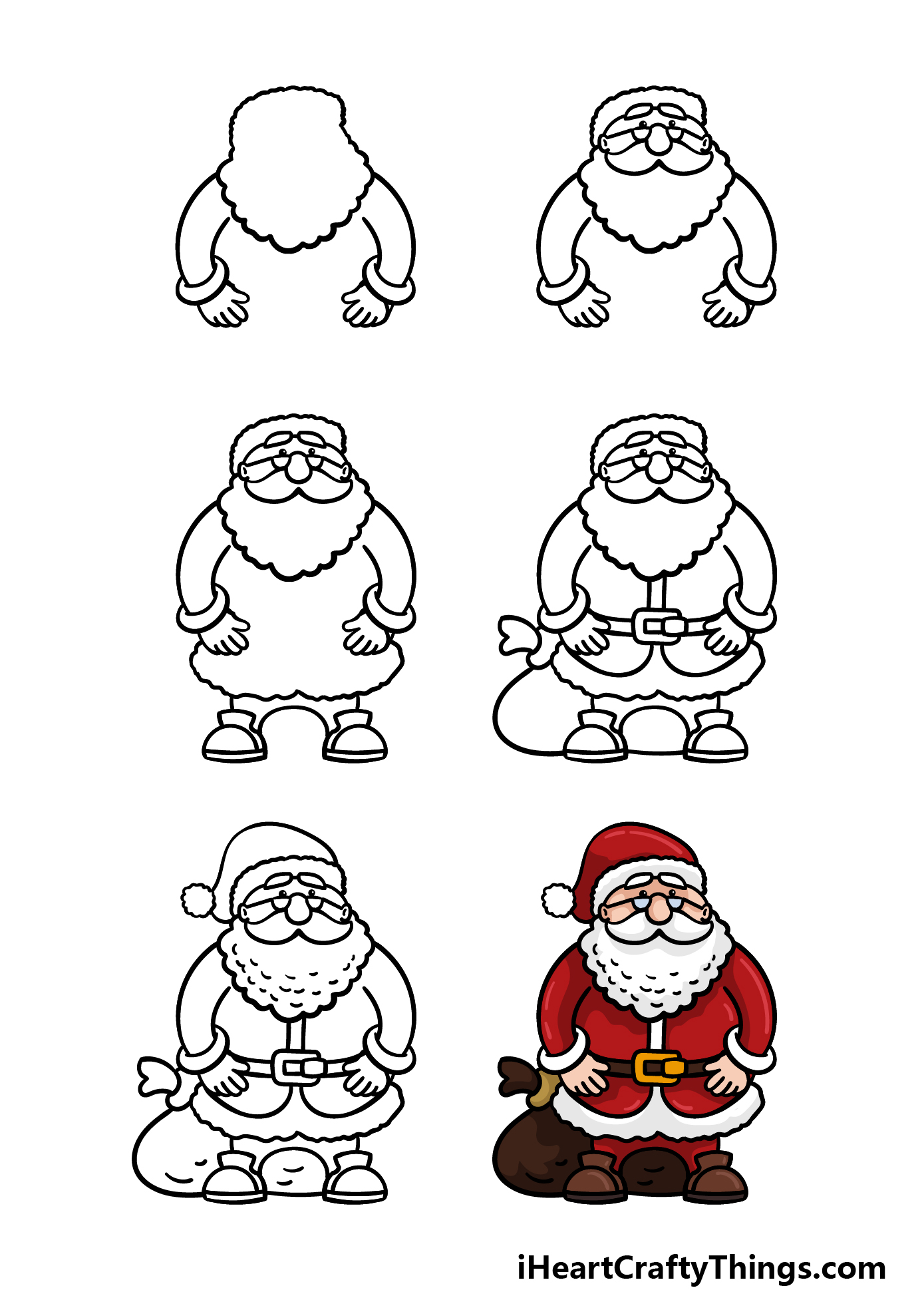 how to draw a cartoon Santa in 6 steps