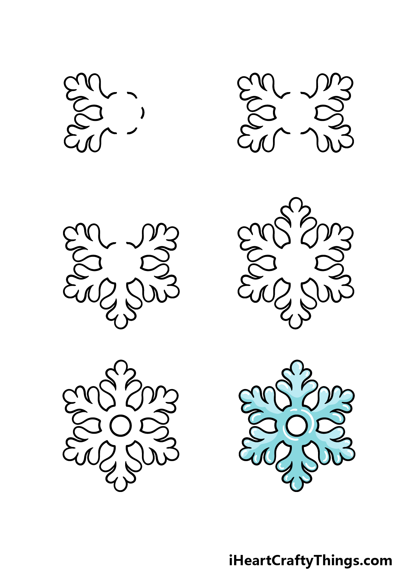 how to draw a cartoon snowflake in 6 steps