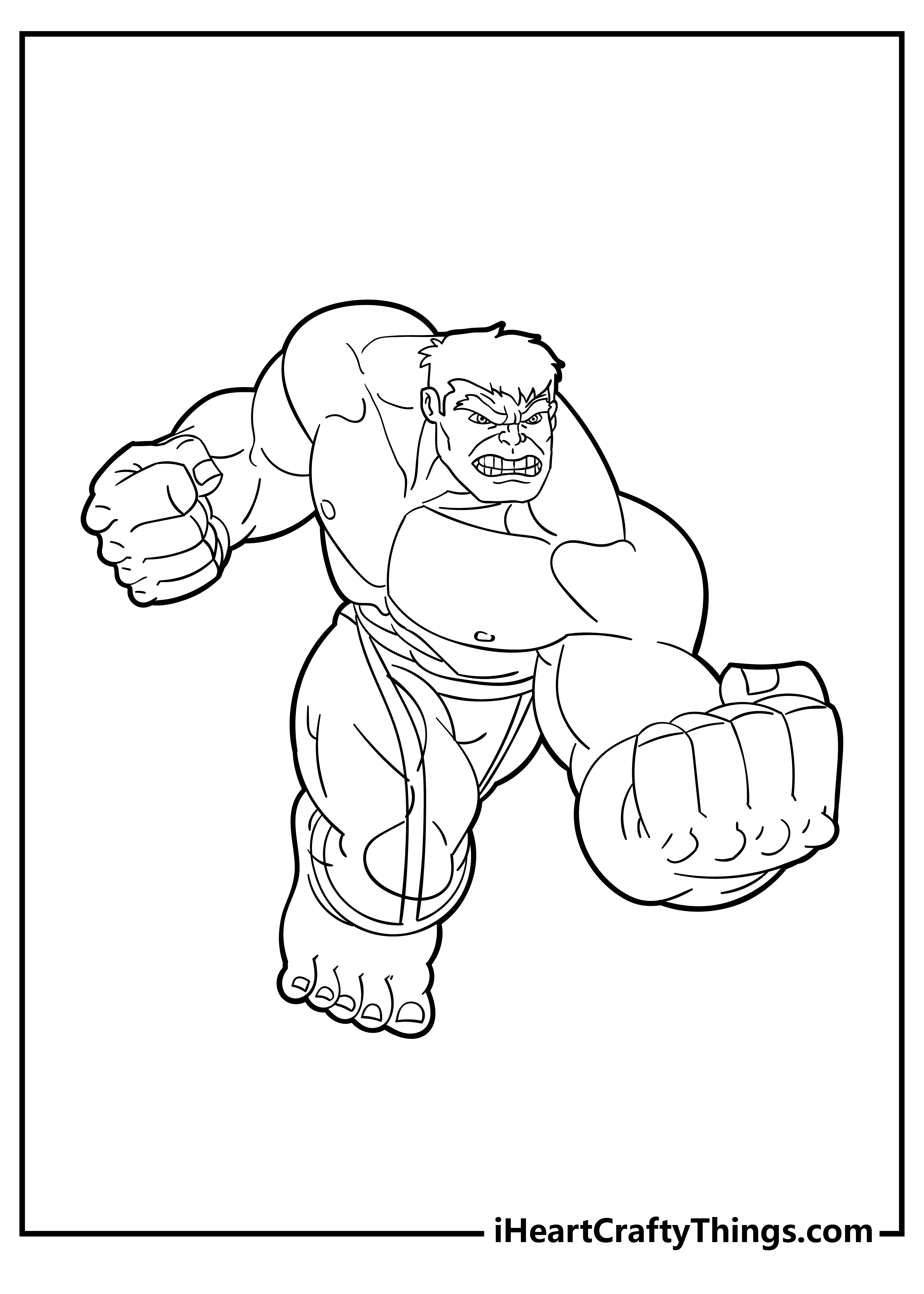 Coloring picture for children featurig Hulk on the move at speed with his fist swinging through the air