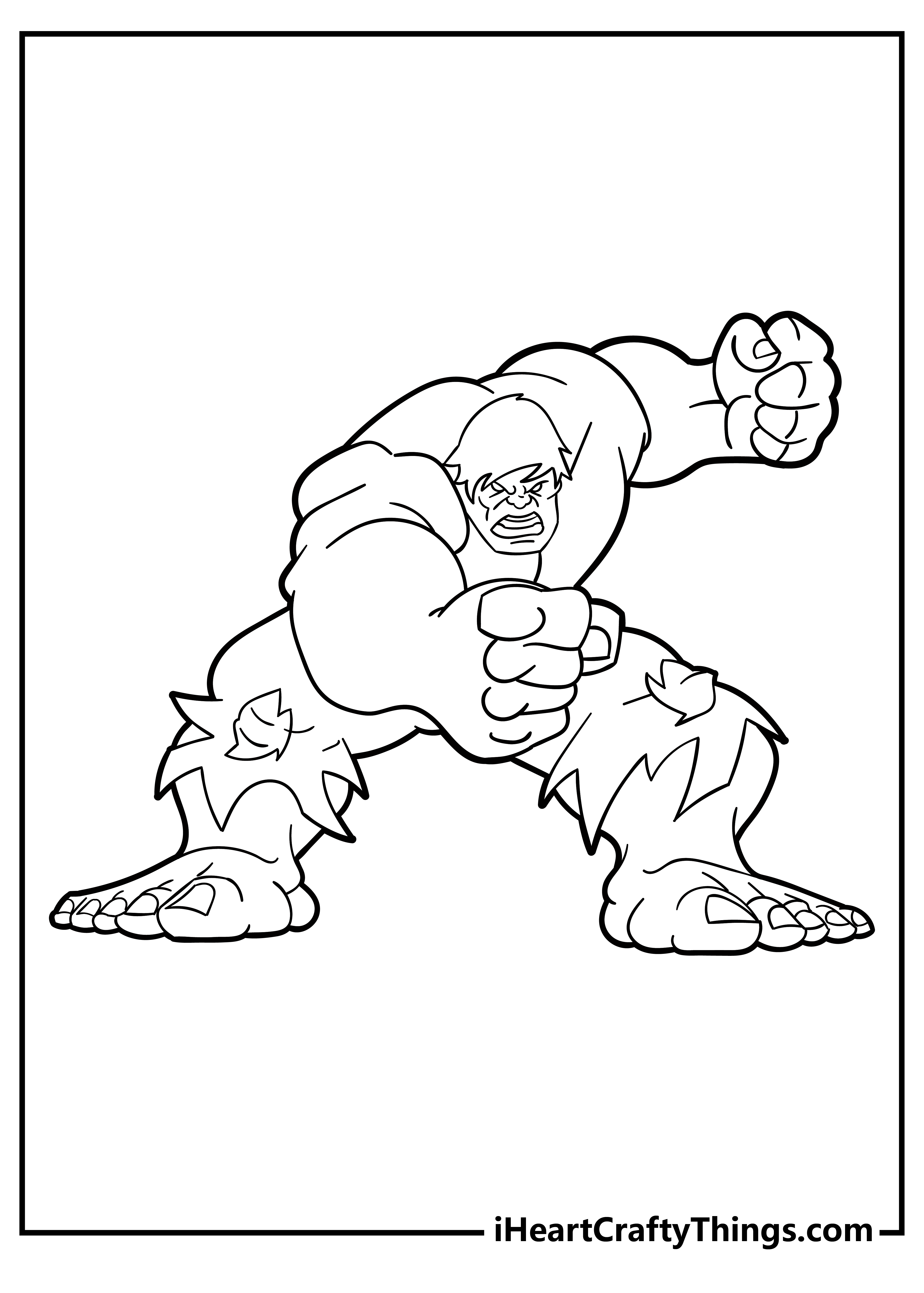 Coloring page featuring Hulk leaning forward while punching with his right hand