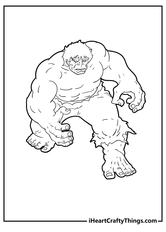 Realistic in details coloring page of a Hulk in a motion ready to grab his enemy