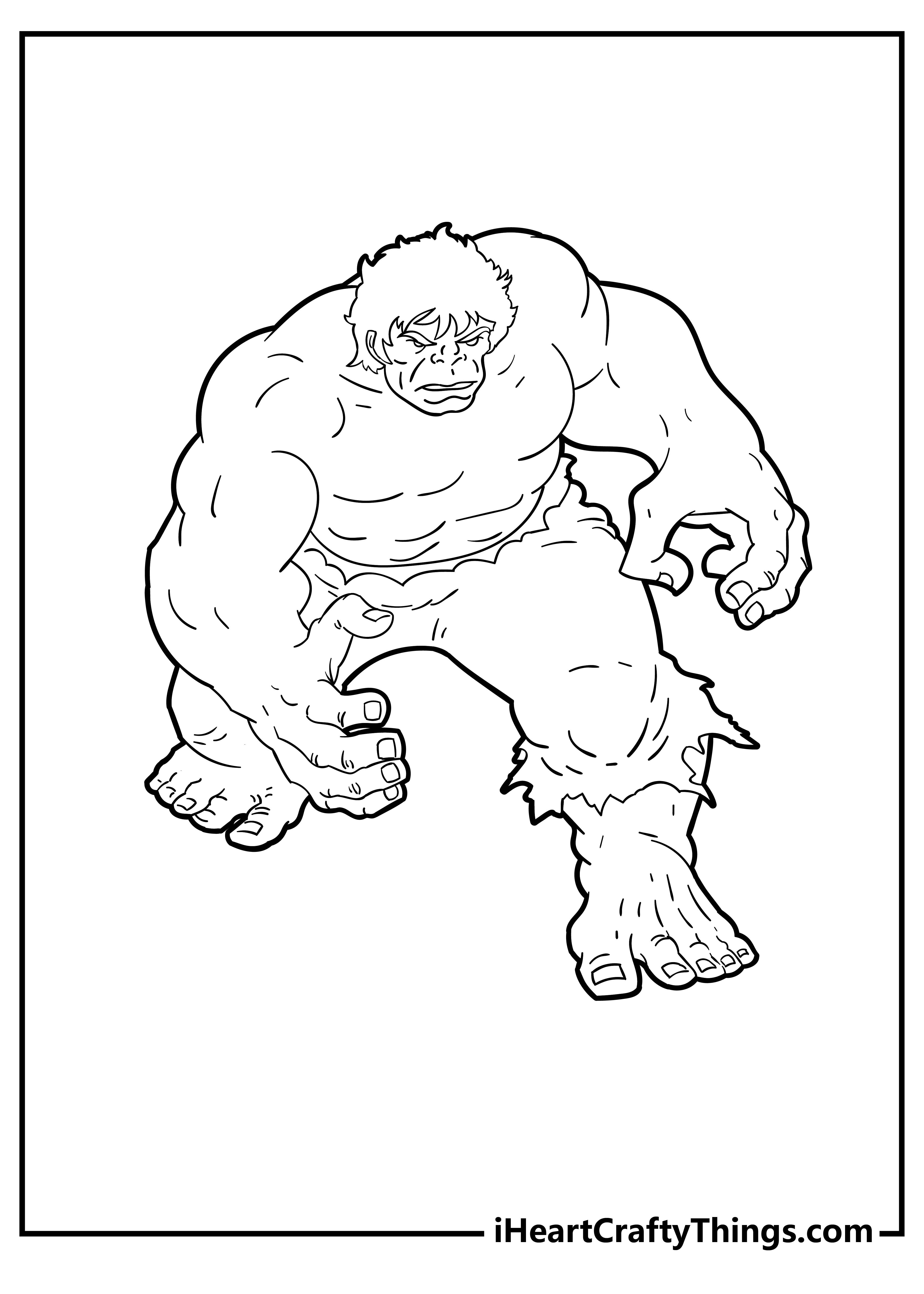 Realistic in details coloring page of a Hulk in a motion ready to grab his enemy