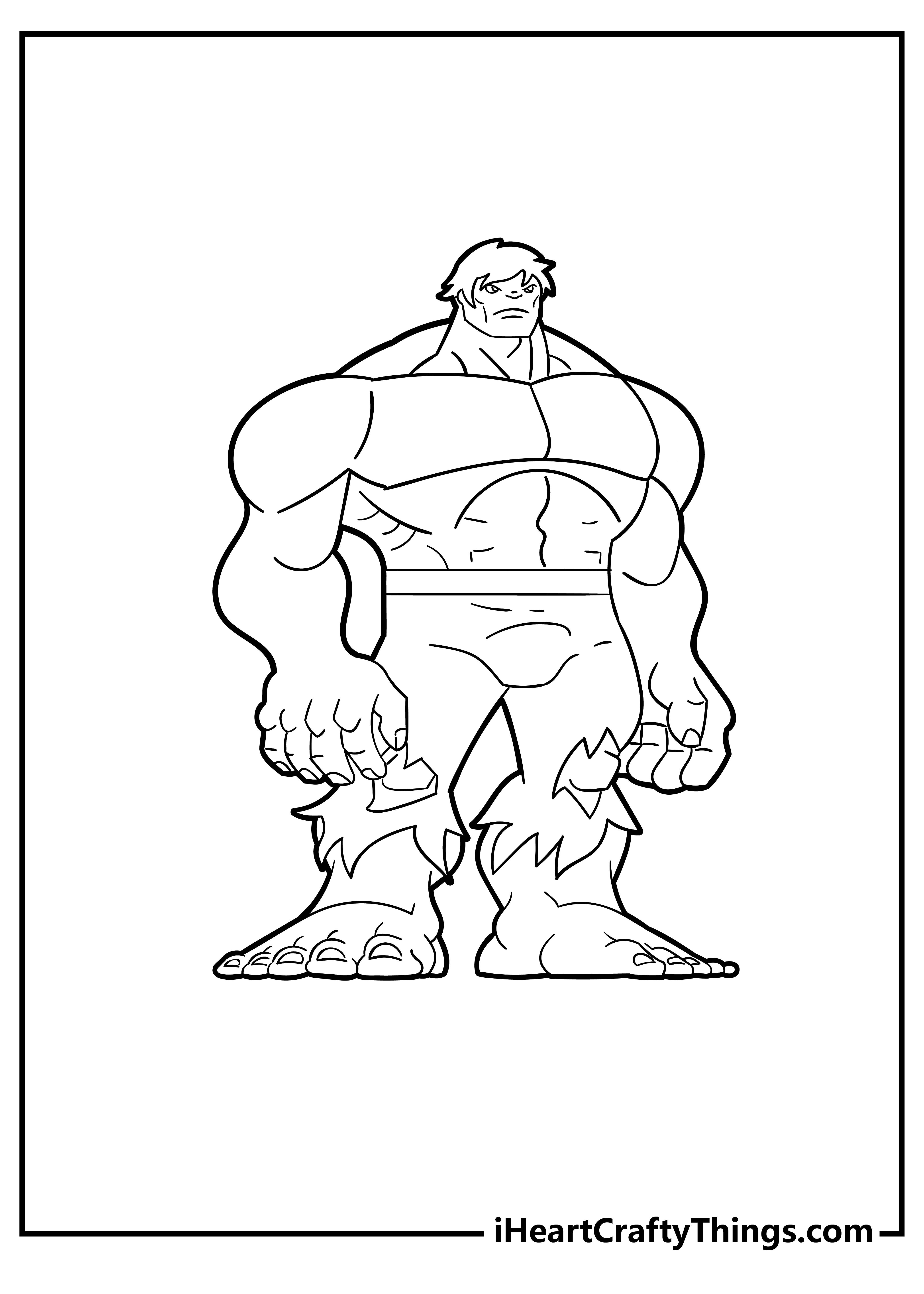 Black-and-white comic-inspired coloring sheet for kids featuring Hulk in full height