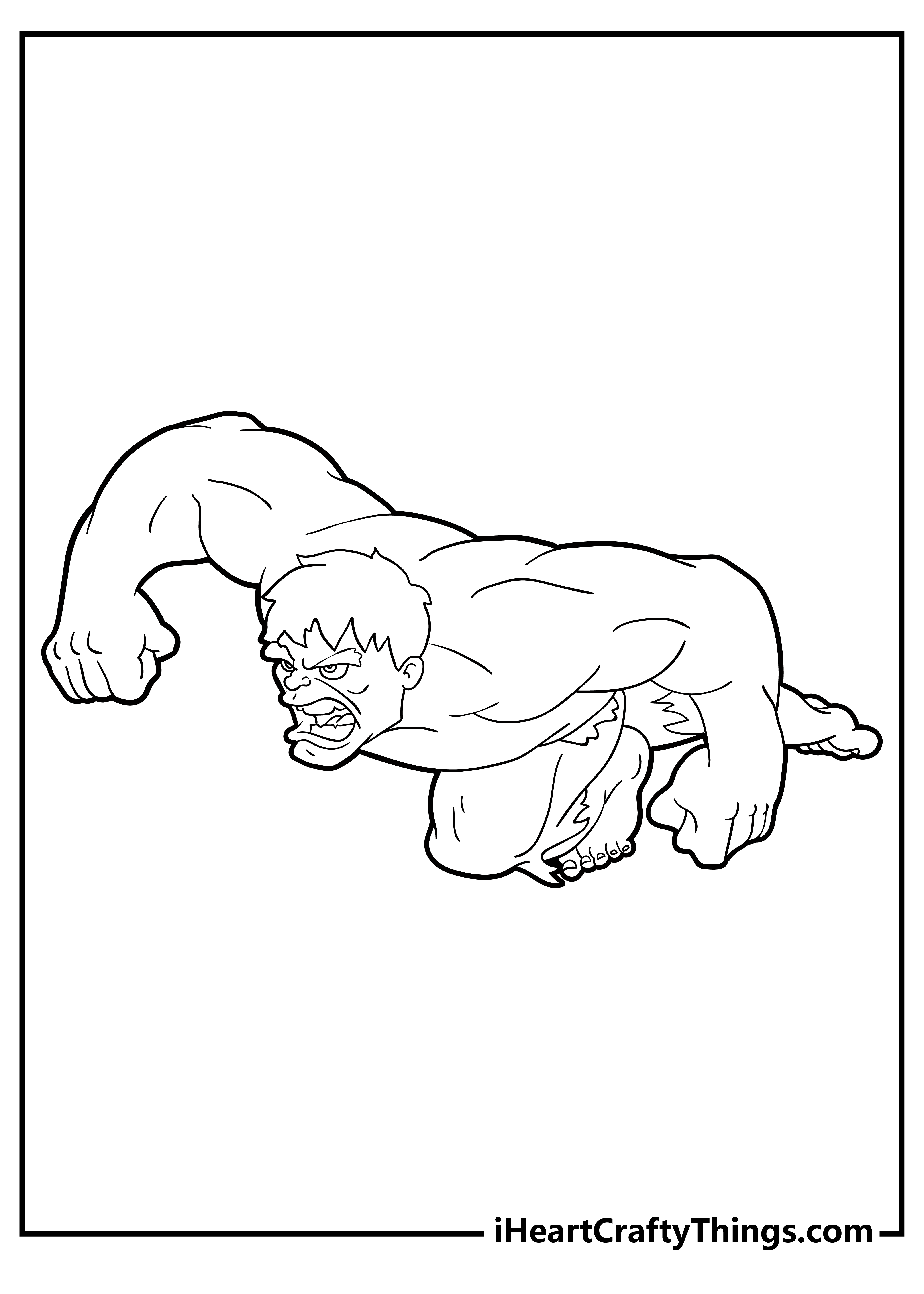 Detailed printable of a furious Hulk leaping through the air towards some kind of threat