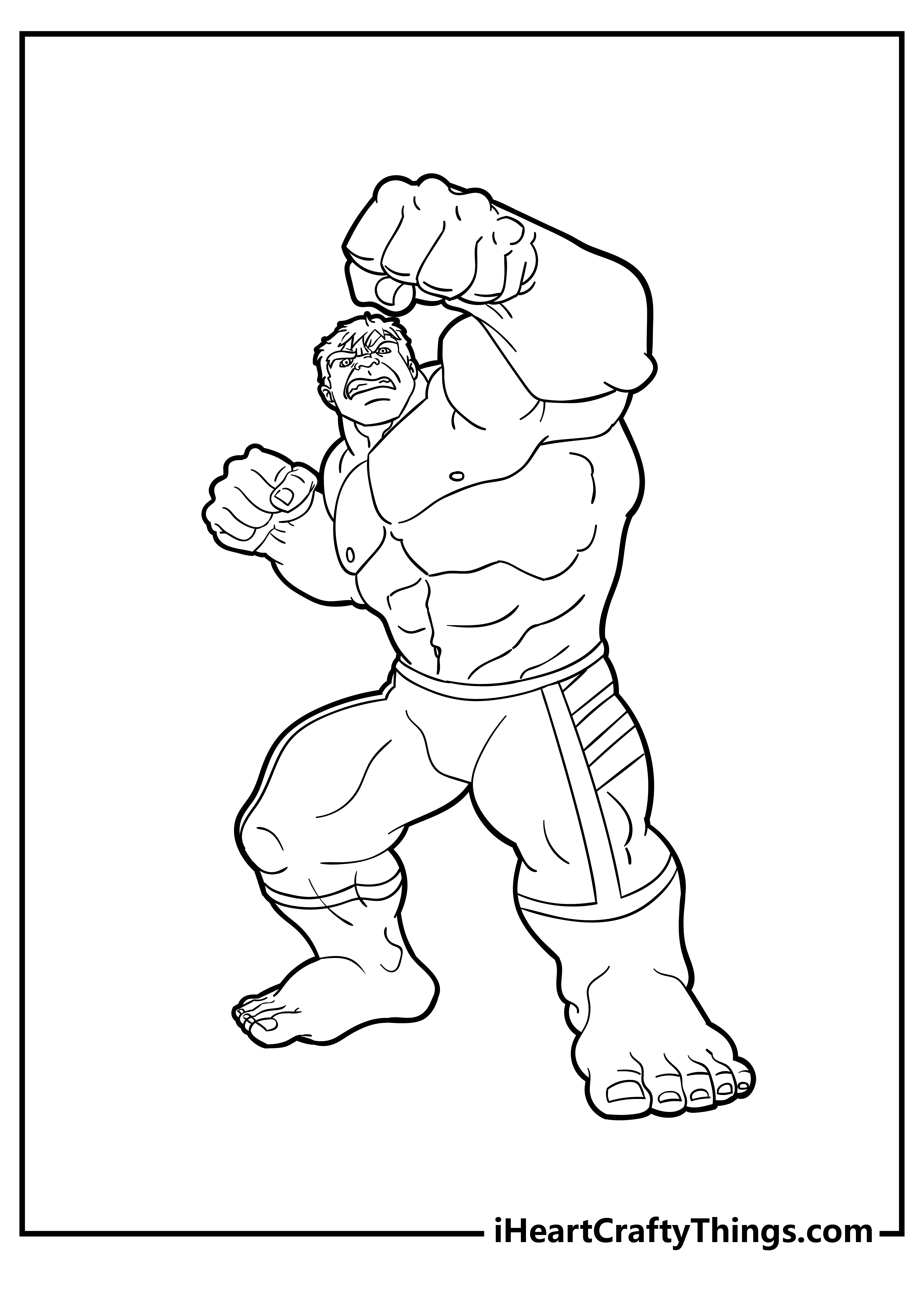 Detailed printable coloring page of a Hulk looking angry while punching during fight