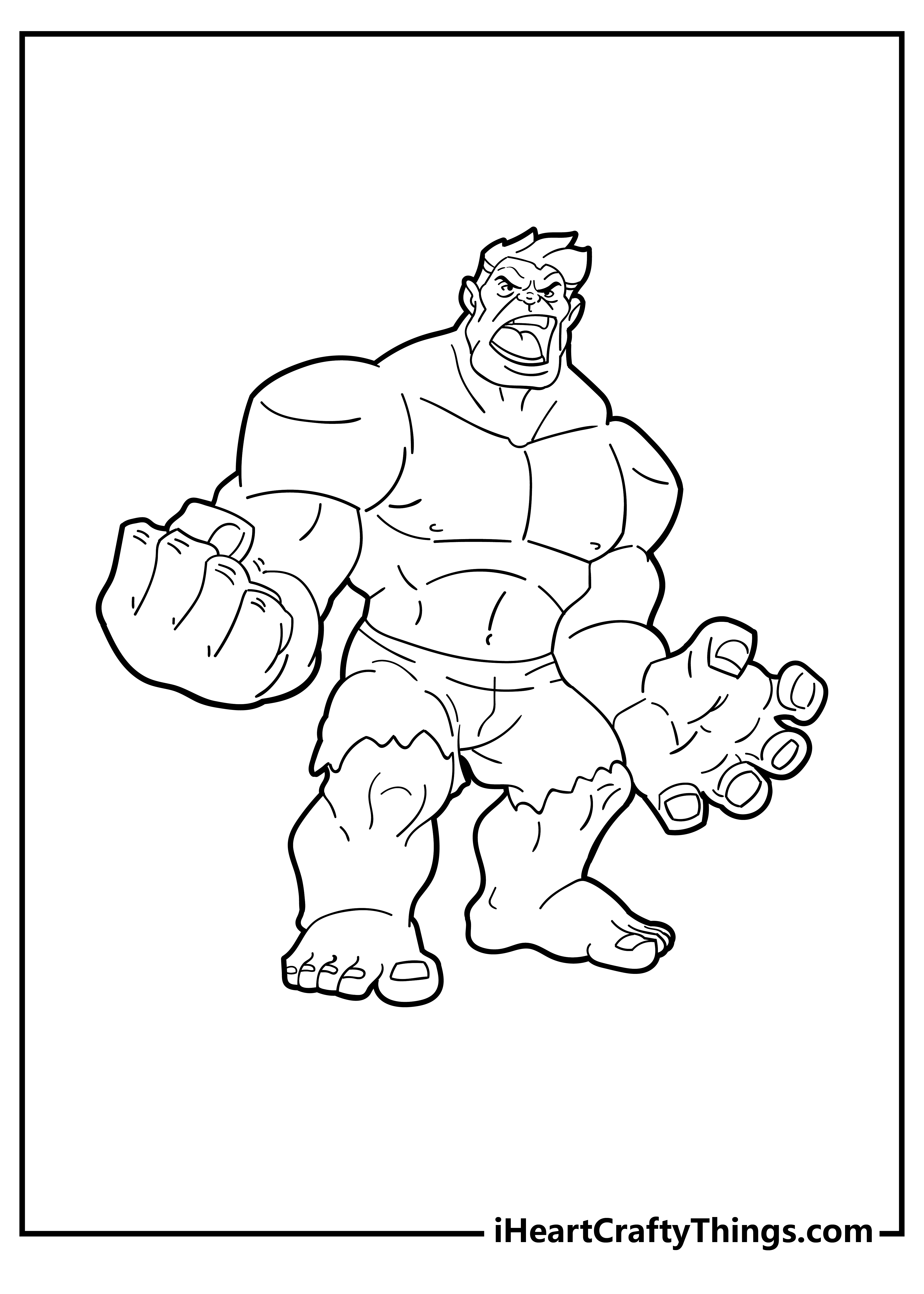 Printable page of an angry Hulk with his right fist clenched and mouth opened like he is roaring