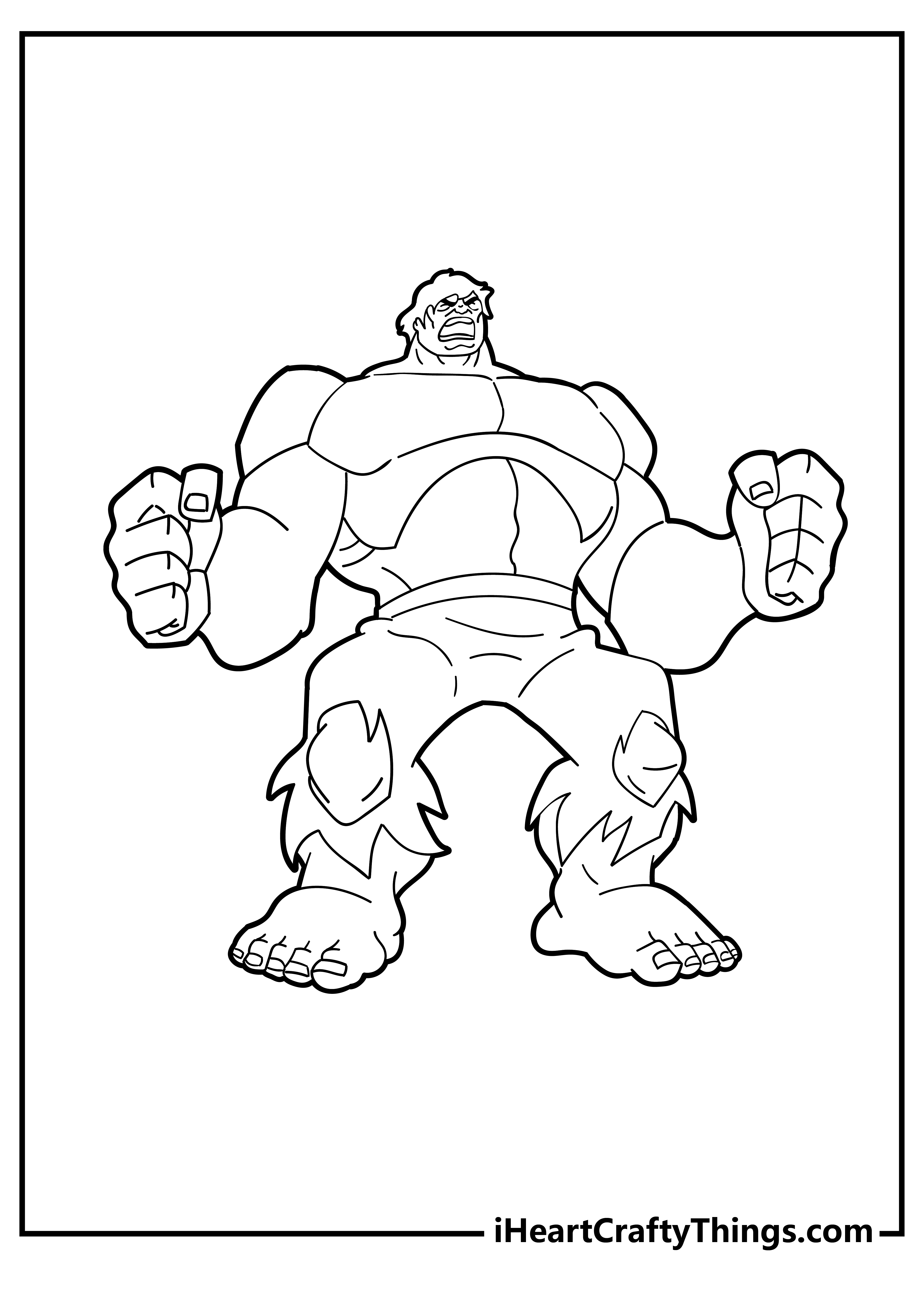 Hulk in a mid-transformation with clenched fists and rips over his knees printable coloring page