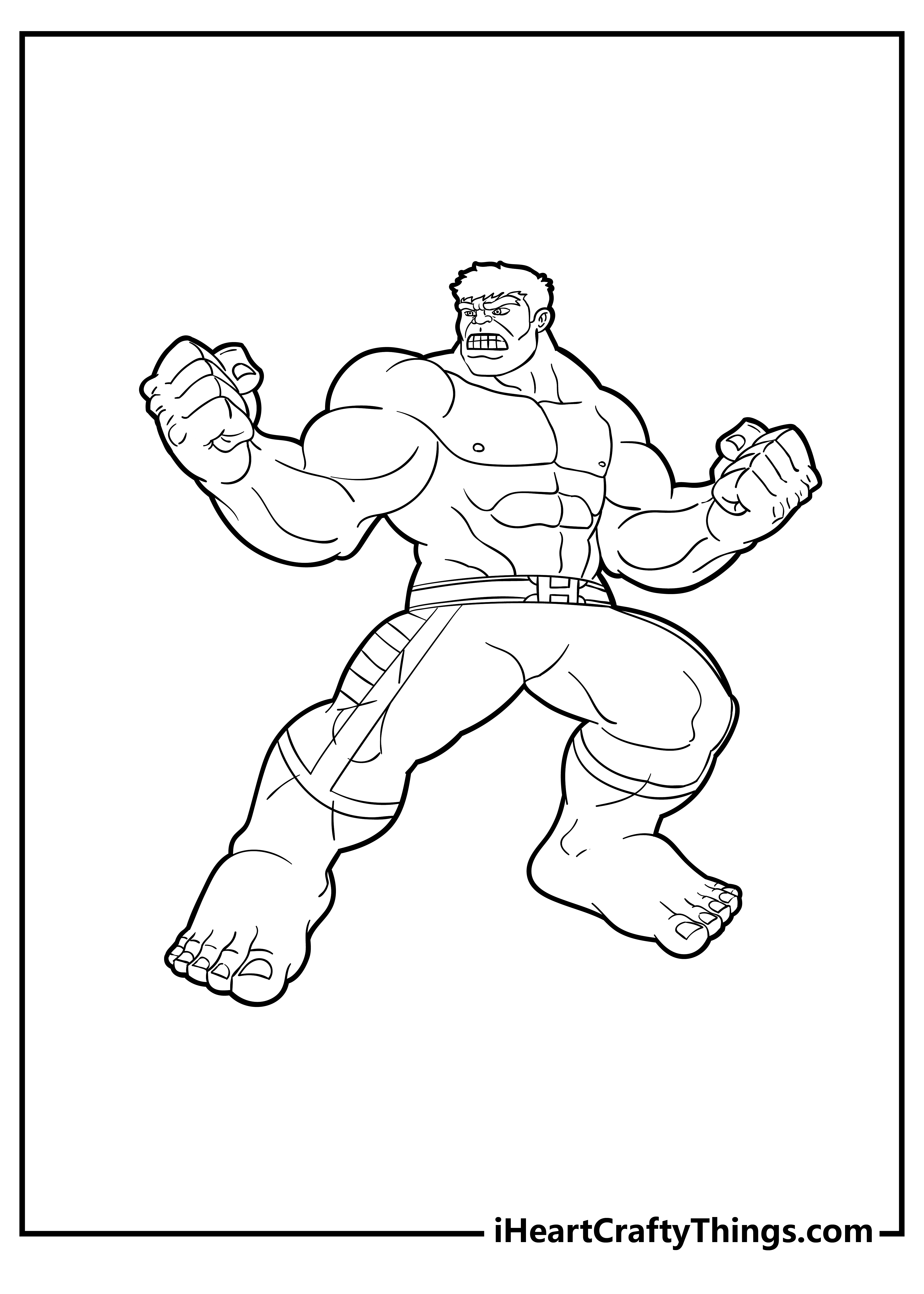 Printable pdf to color of a Hulk with clenched fists in a pose ready for action