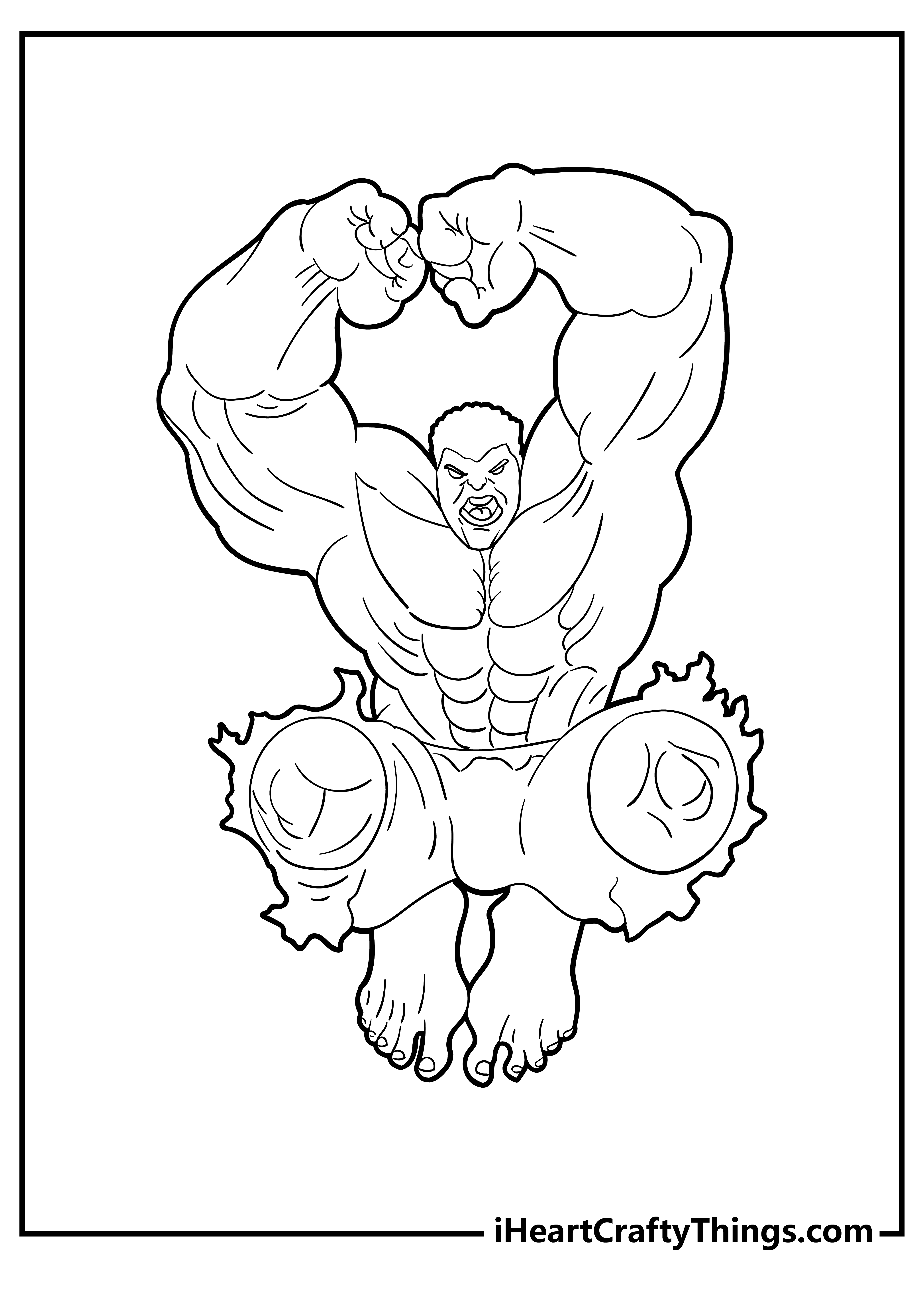 Free printable of a Hulk leaped up into the air and readying himself to slam down