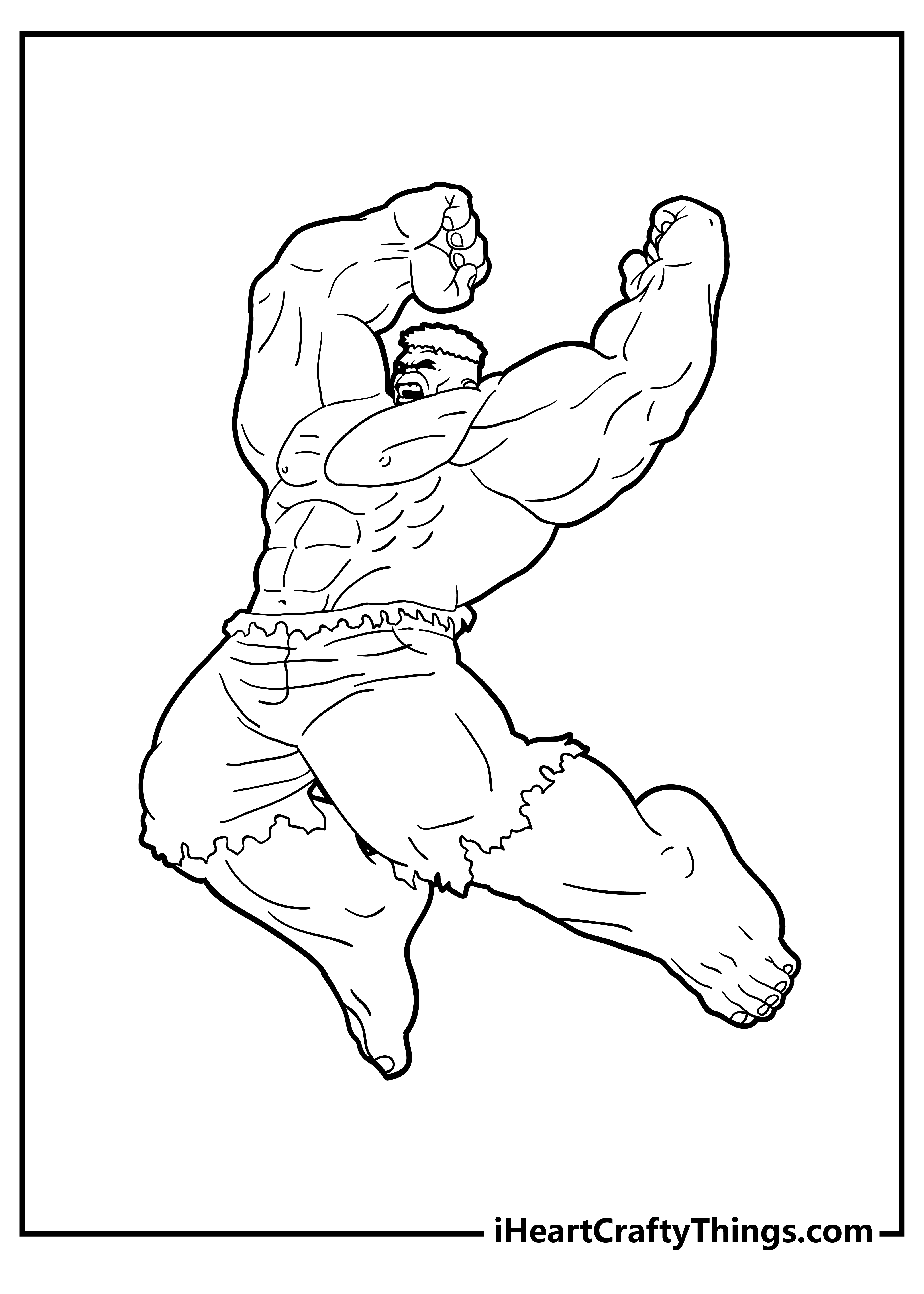 Detailed coloring sheet featuring brave Hulk on the rampage while mid-attacking