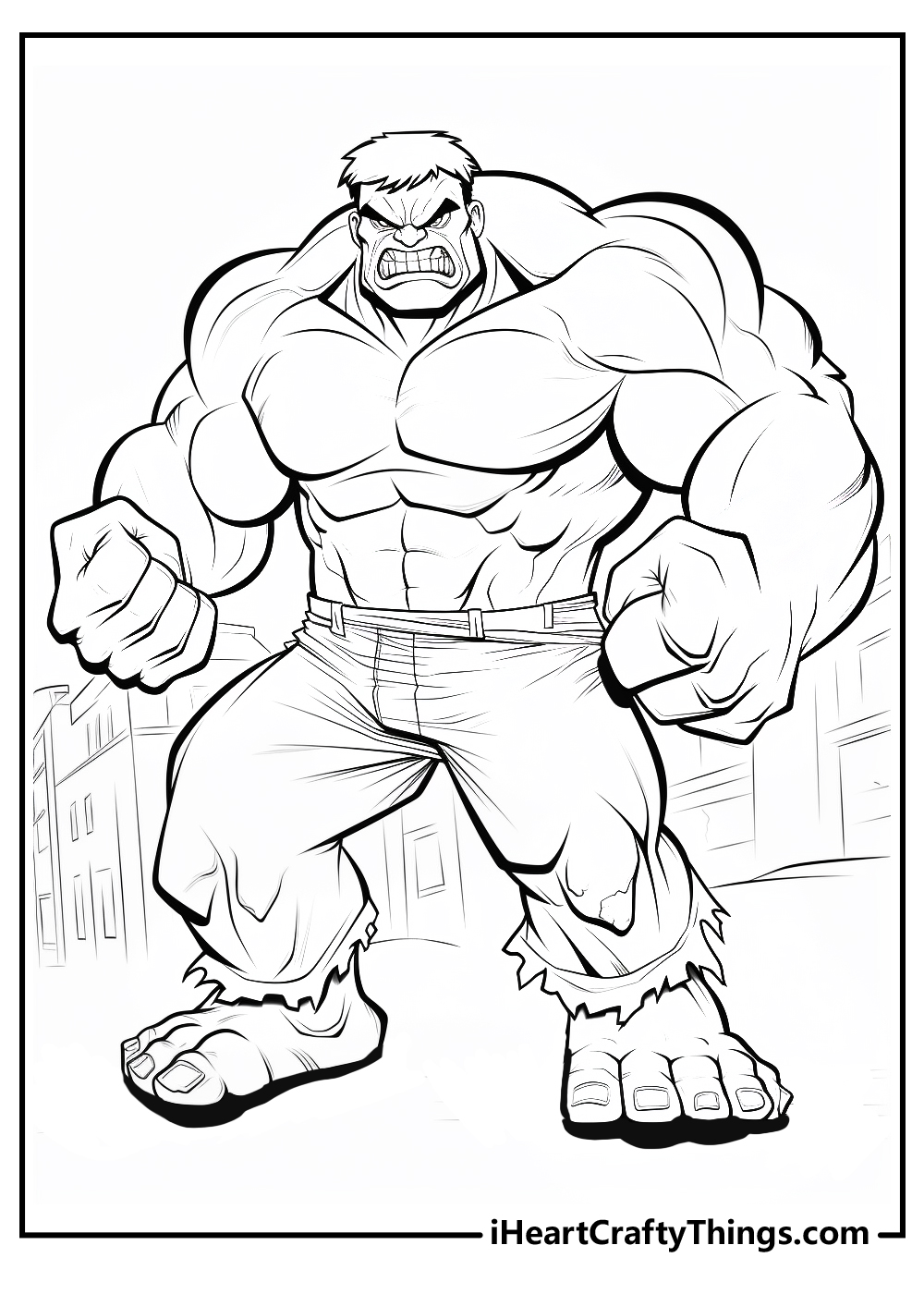 Coloring page of a monstrous Hulk looking characteristically angry and fierce with buildings in the background