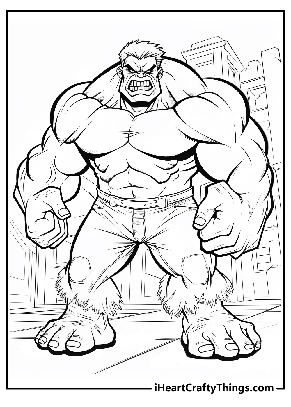 Detailed drawing for adults featuring strong Hulk with clenched fists and grinded teeth with city in the background